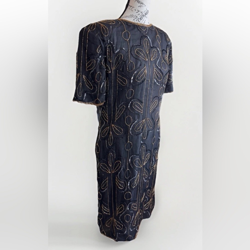 vintage 80s handmade gatsby black and gold party beaded sheath dress